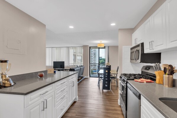 Fridge, microwave, oven, dishwasher