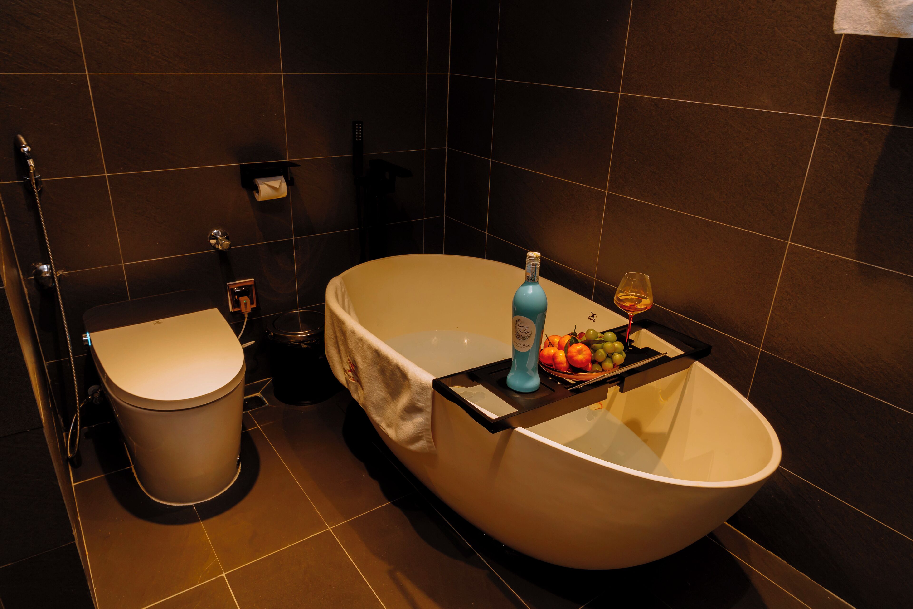 A modern bathroom with a freestanding bathtub, a toilet, and a towel rack.