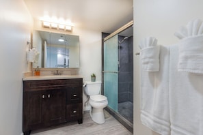 Hair dryer, towels, soap, toilet paper