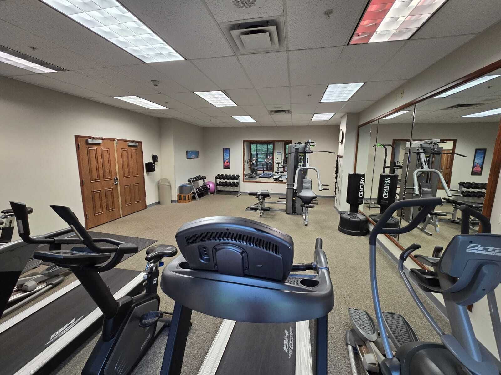 A gym with treadmills, elliptical machines, and weight equipment.