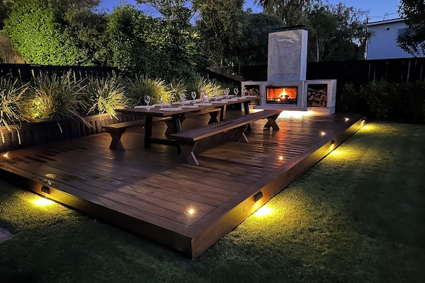 Outdoor Fireplace and dining area