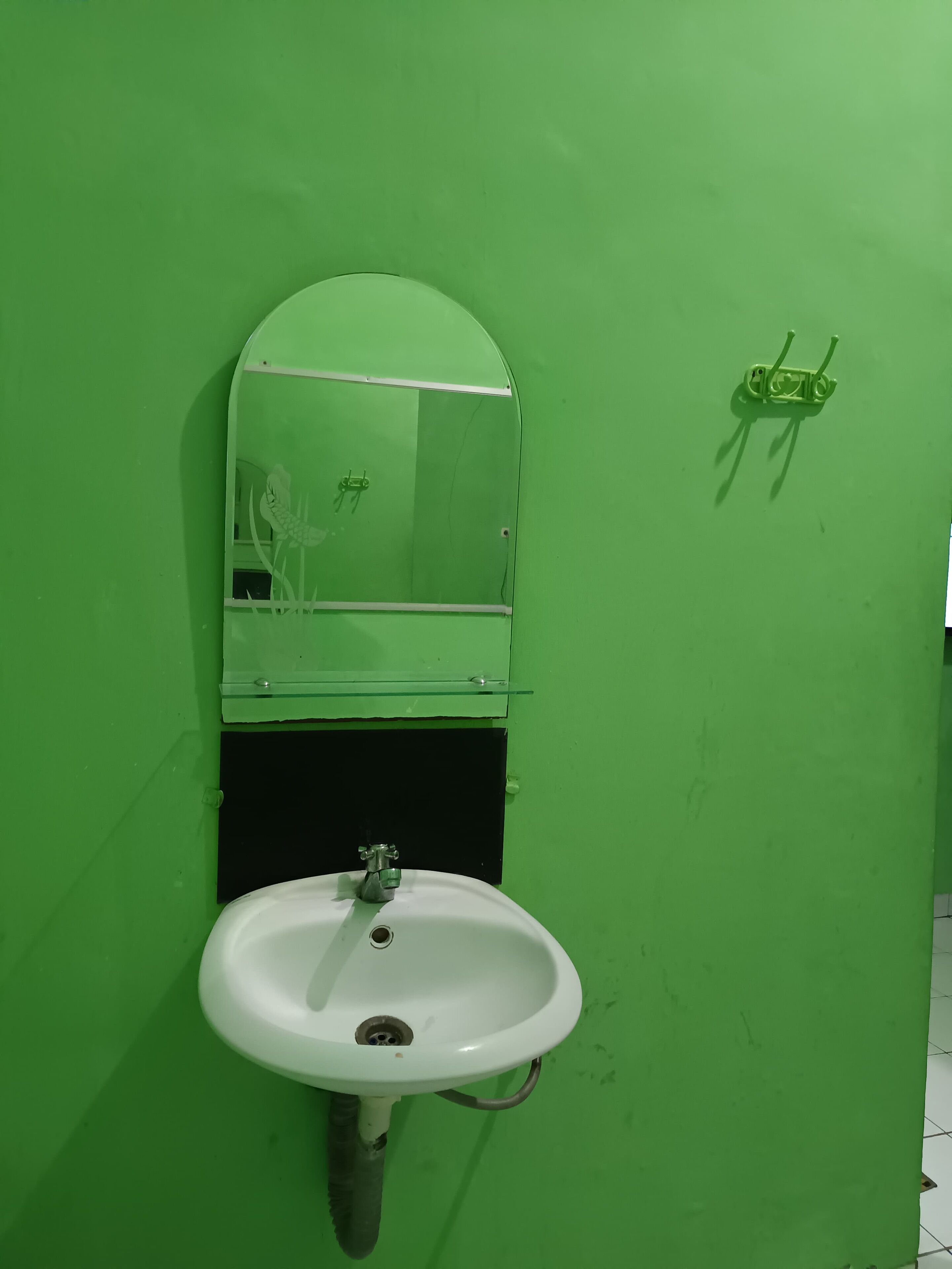 A bathroom with a green wall, a white sink, and a mirror above it.