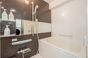 Hair dryer, bidet, towels, soap