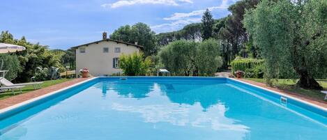 Une piscine rectangulaire à l’eau d’un bleu limpide, entourée d’un chemin pavé en briques.