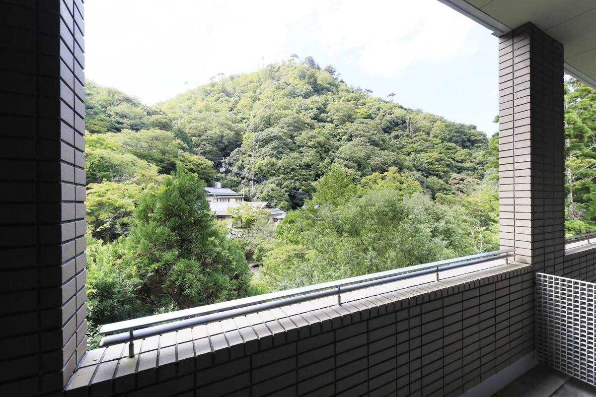 A balcony with a view of a forested hillside and traditional buildings.