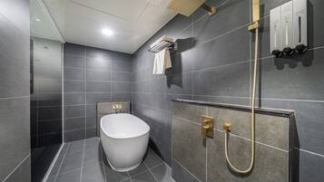 Pengering rambut, sandal, handuk, dan sampo