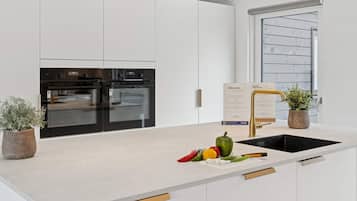Una cocina moderna con armarios blancos, un horno doble, un lavamanos y una ventana con vistas.