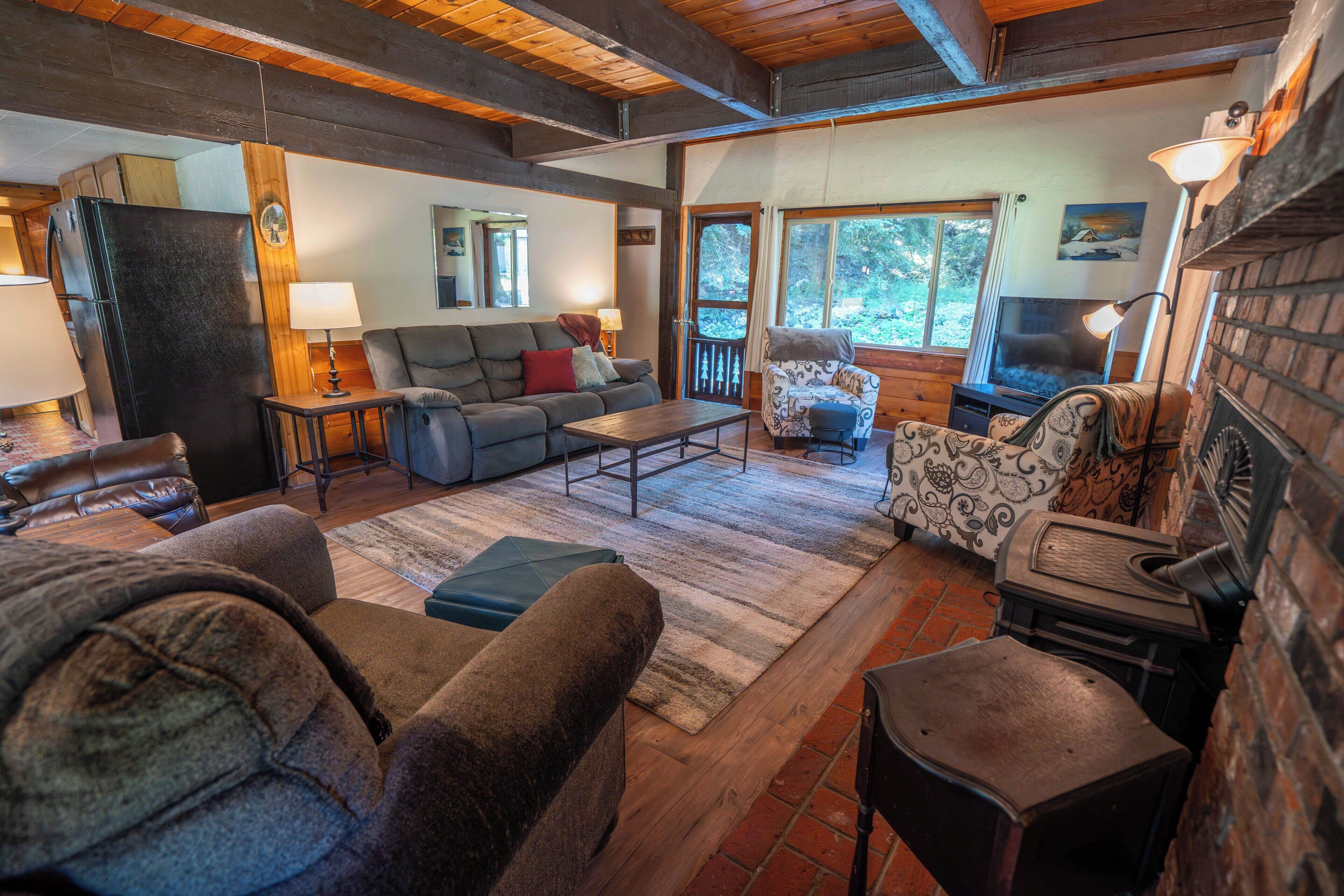TV, fireplace, books