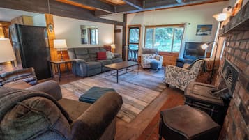 TV, fireplace, books