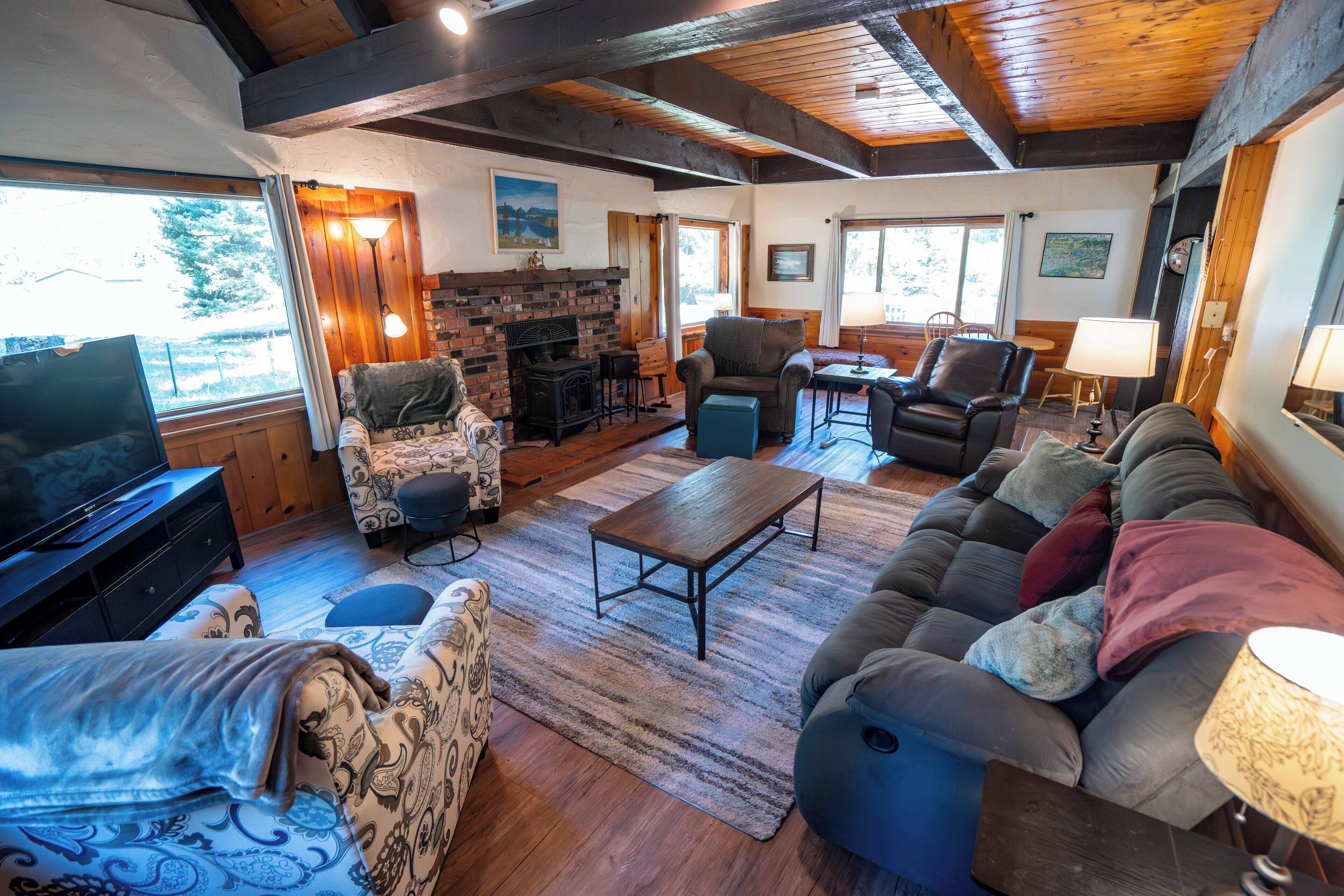 TV, fireplace, books