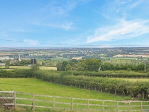 Un paysage rural avec une église, des champs et une ville située au loin.