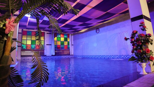 An indoor swimming pool with a checkered ceiling, a colorful window, and a potted plant with red flowers. - Hotel Golden Bird (Pushkar)