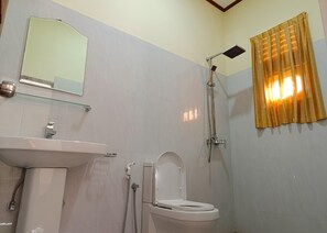 Shower, hair dryer, bidet, towels