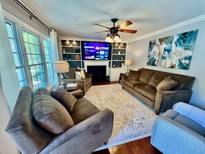 TV connectée, cheminée, lecteur de DVD, livres