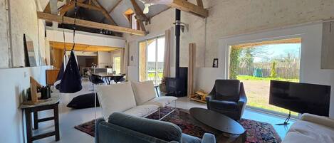 Cheminée, chaîne hi-fi, écrans d'ordinateur