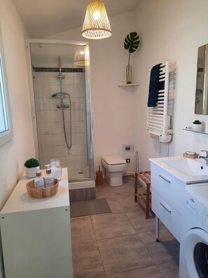 Shower, hair dryer, towels, soap
