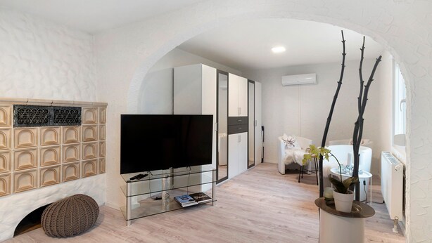 A modern living room with a flat-screen TV, built-in cabinets, a fireplace, and a potted plant. - Holiday Home 'Marina' with Private Terrace, Wi-Fi and Air Conditioning (Baden-Baden)