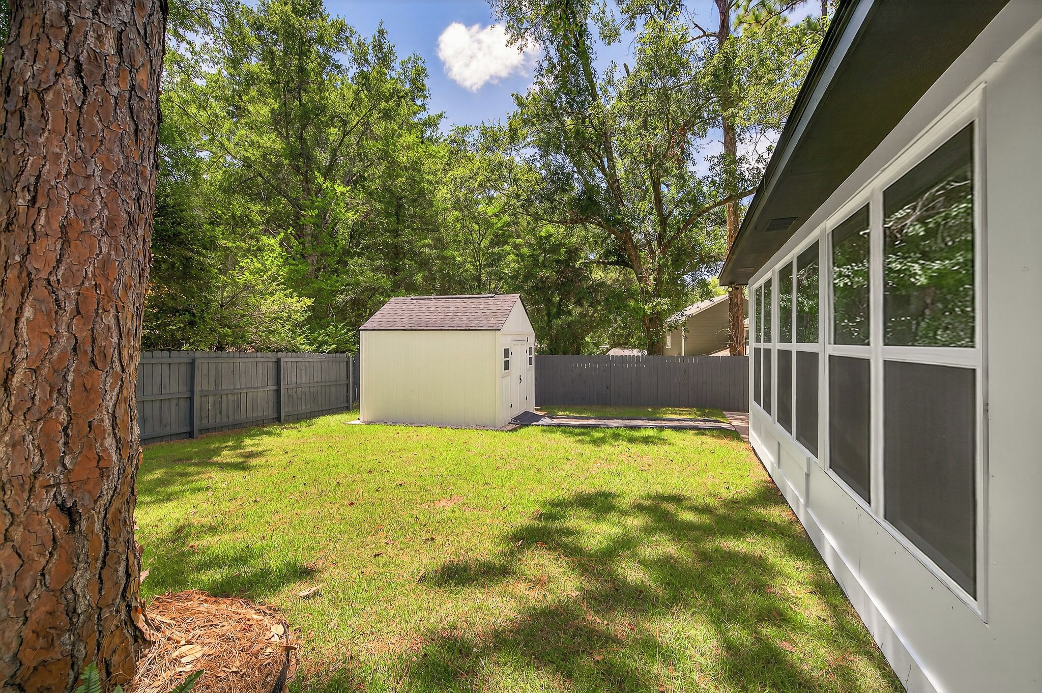 A backyard with a small shed, a wooden fence, and a house with large windows.