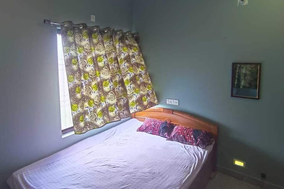 A bedroom with a bed, a ceiling fan, a window with patterned curtains, and a wall-mounted picture.