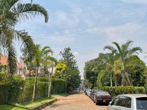 A residential street lined with parked cars and palm trees, leading to a house with a red roof.