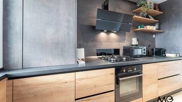 Apartamento luxo, vista para a cidade | Cozinha privada | Geladeira grande, micro-ondas, fogão, cooktop