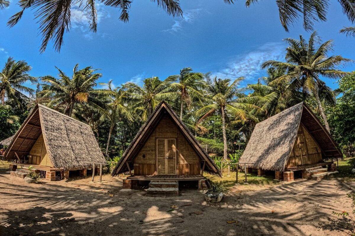 Tres cabañas con techo de paja y una puerta central, rodeadas de palmeras.