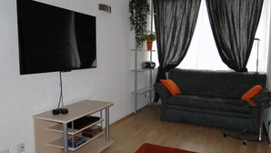 A living room with a flat-screen TV, a grey sofa with orange cushions, a red rug, and a plant on a shelf. - Apartment 'Studio in Sankt Blasien' with Balcony and Wi-Fi (St Blasien)