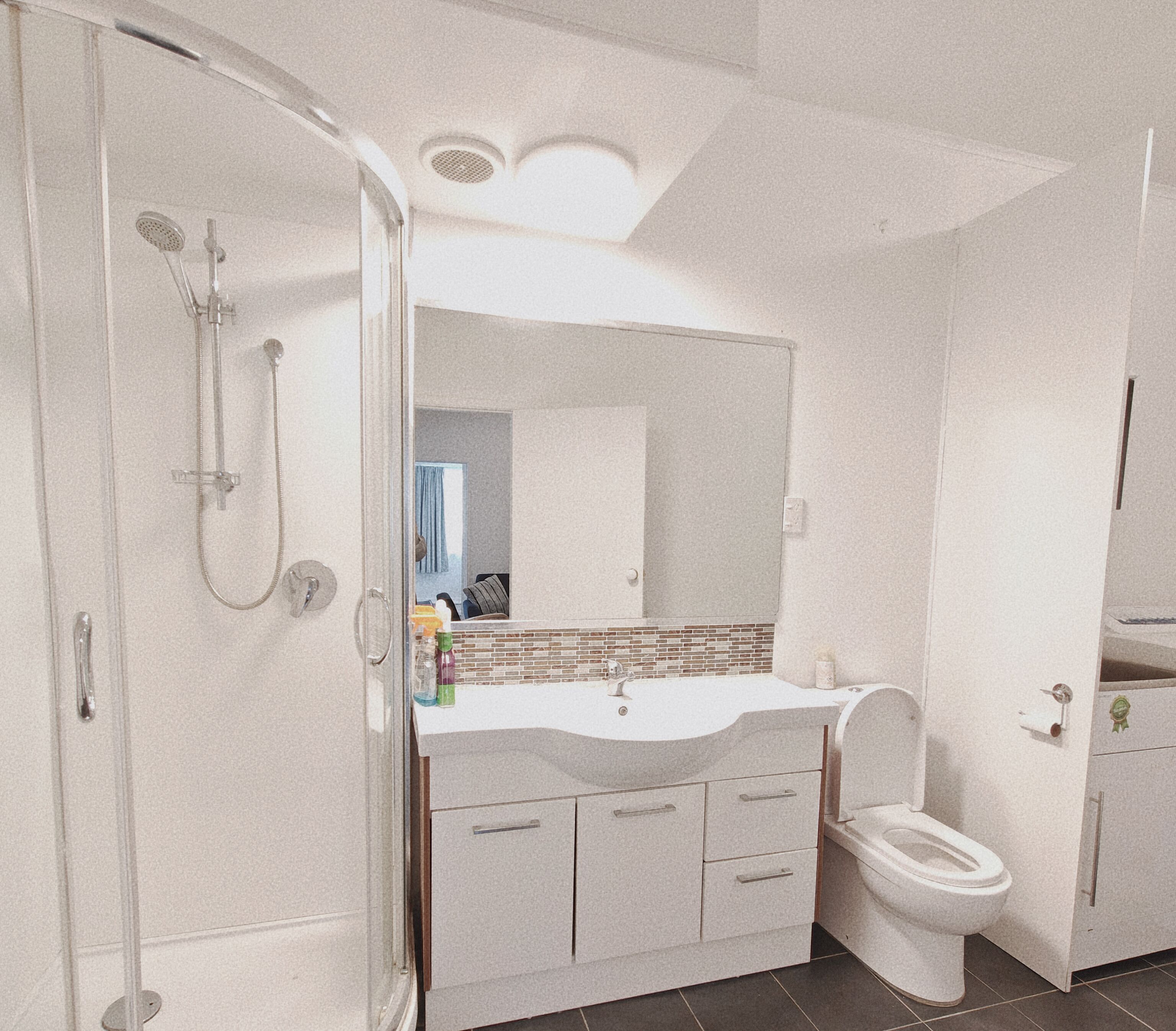 Une salle de bain avec douche, toilettes et lavabo.