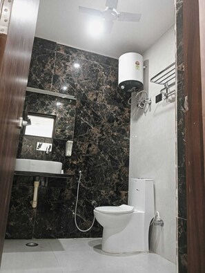 Shower, hair dryer, bidet, towels