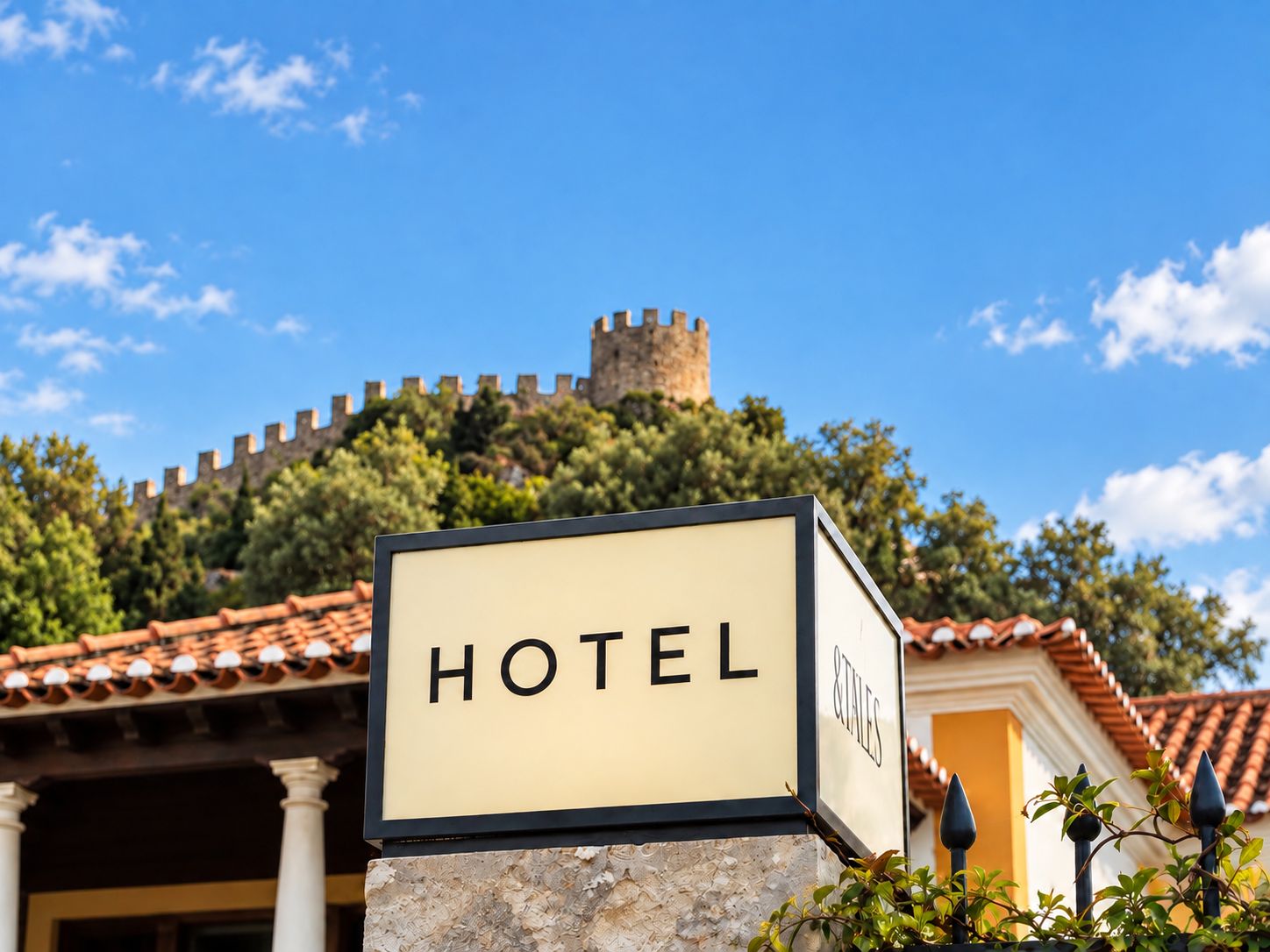 A hotel sign with a view of a castle in the background.
