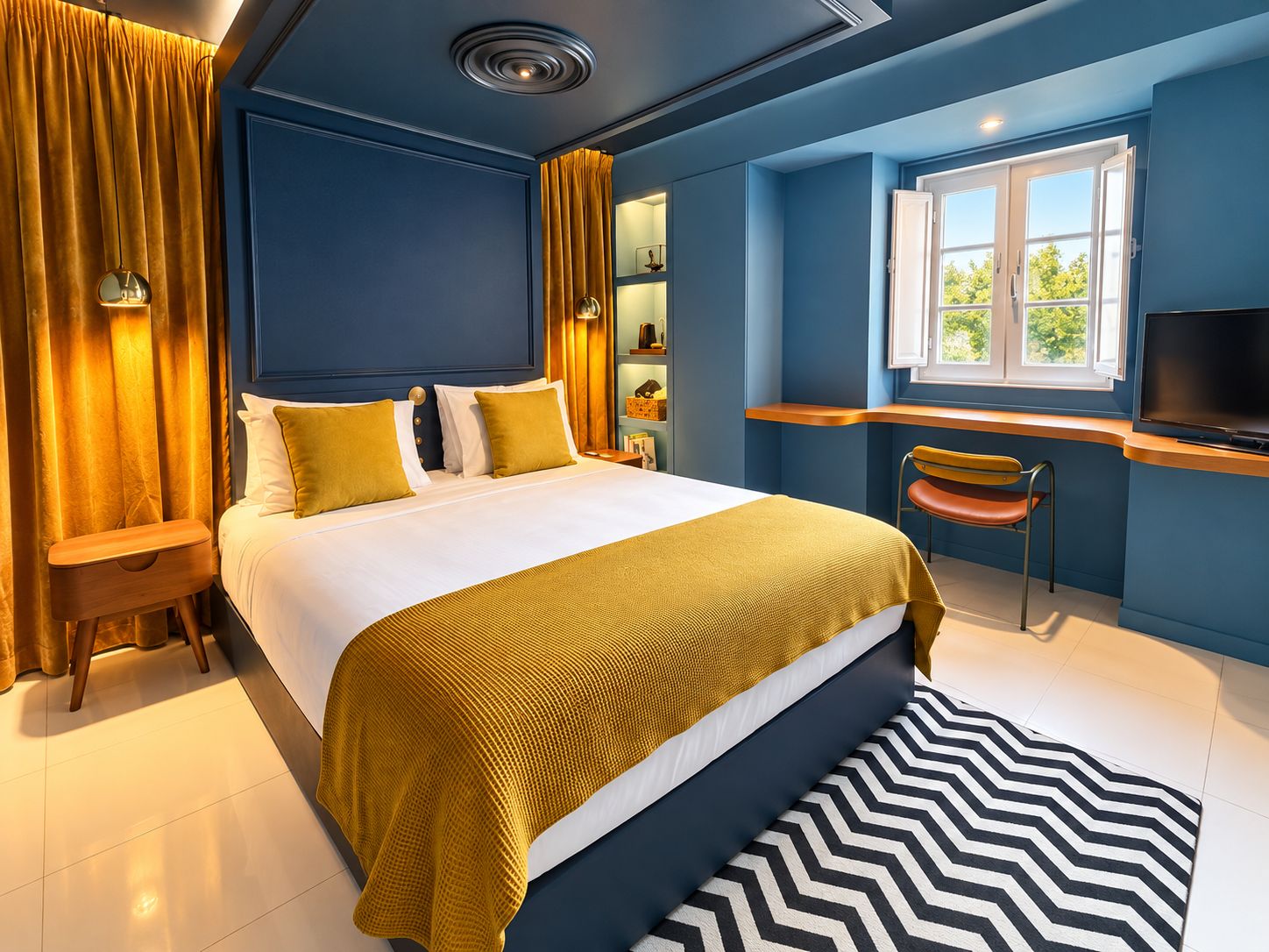 A hotel room with a large bed, a desk, a chair, and a television.