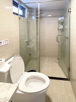 Hair dryer, towels, soap, toilet paper