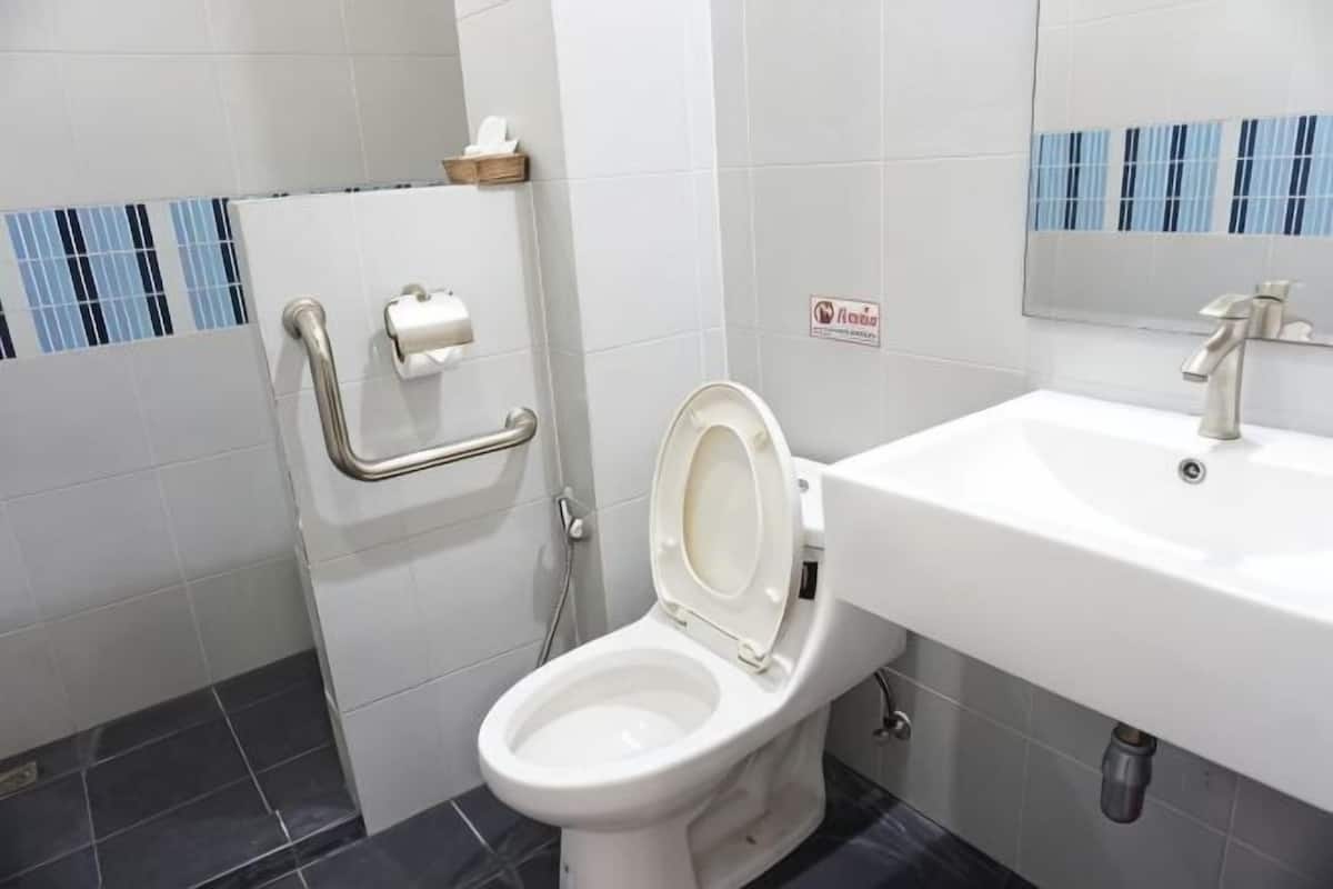Ein Badezimmer mit Toilette, Haltegriff, Waschbecken und Spiegel.