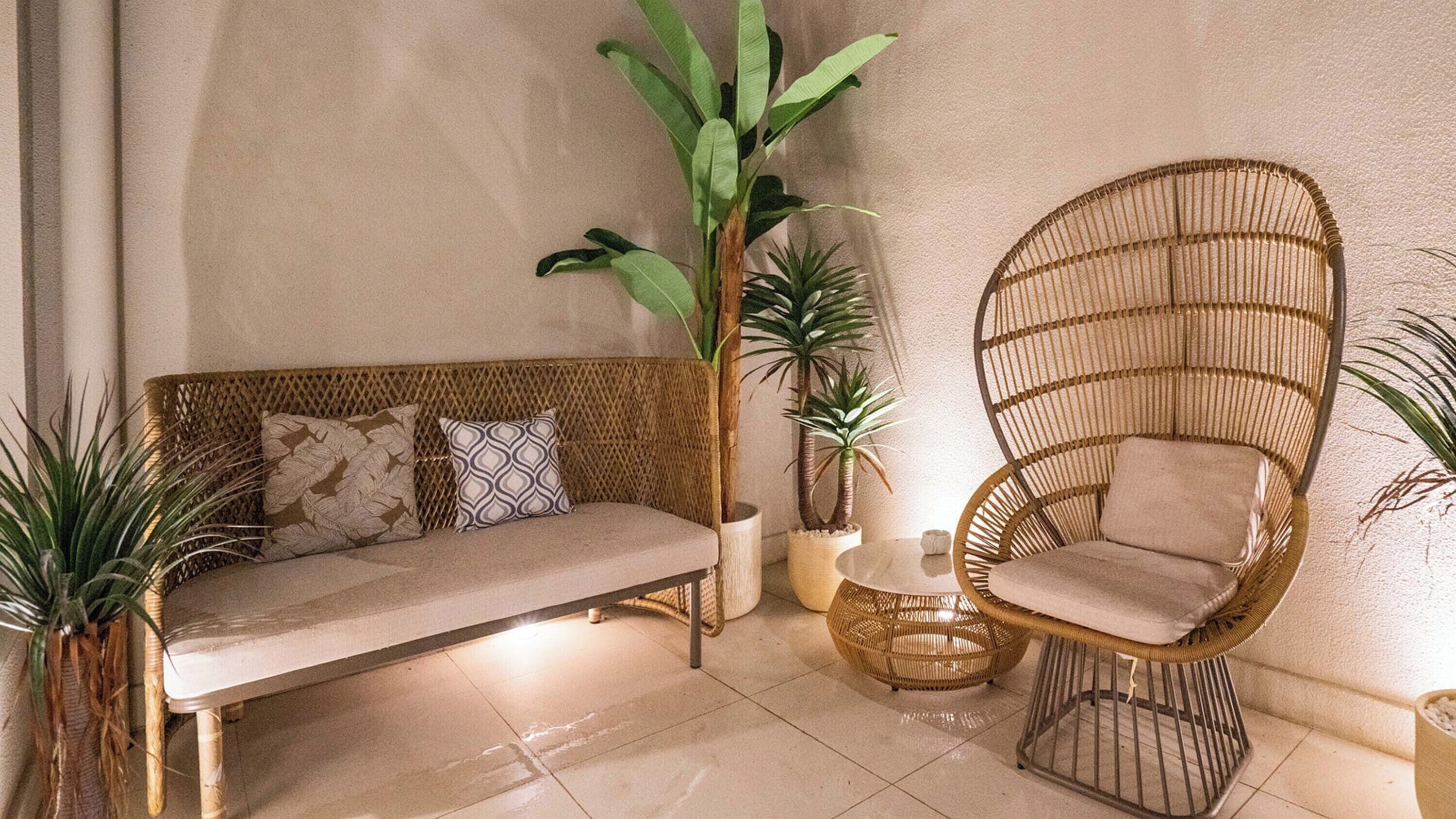 Un rincón acogedor con un banco acolchado y una silla de mimbre, rodeado de plantas en macetas.