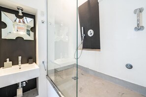 Shower, bidet, towels, shampoo