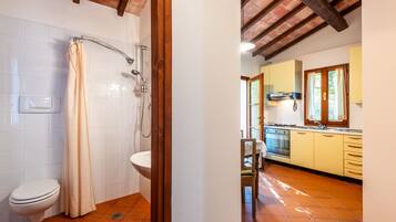 A bathroom with a shower, toilet, and a sink.