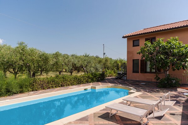 Seasonal outdoor pool, pool umbrellas, pool loungers