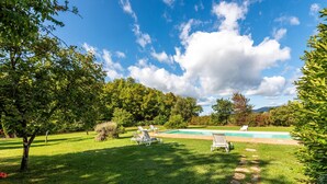 Ein Garten mit Swimmingpool, Liegestühlen und einem gepflasterten Weg.