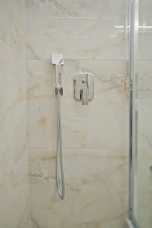 Hair dryer, towels, soap, toilet paper