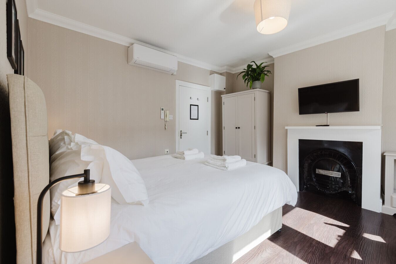 Una habitación de hotel con cama, televisión, chimenea y una planta.