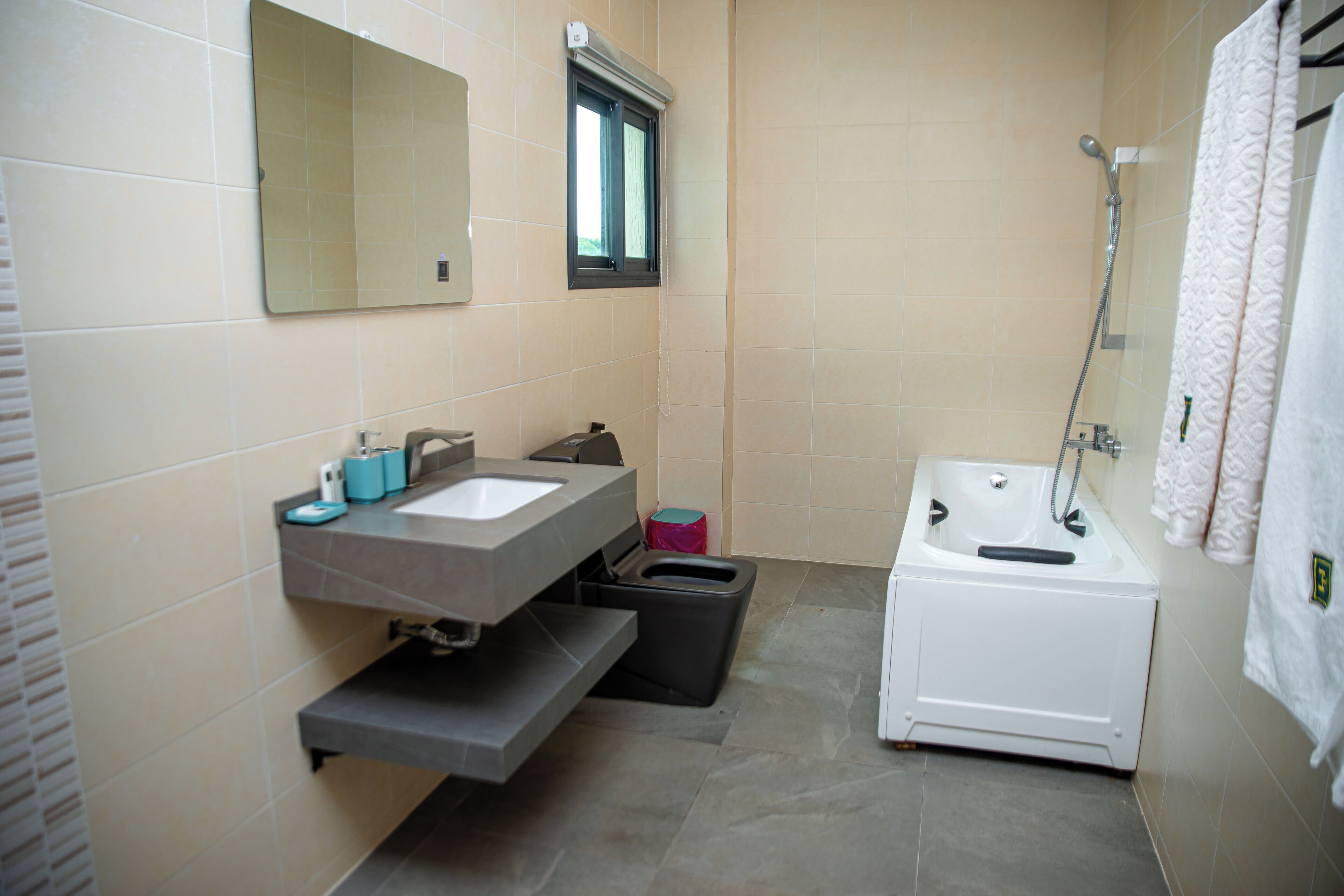 A bathroom with a sink, mirror, window, and shower.