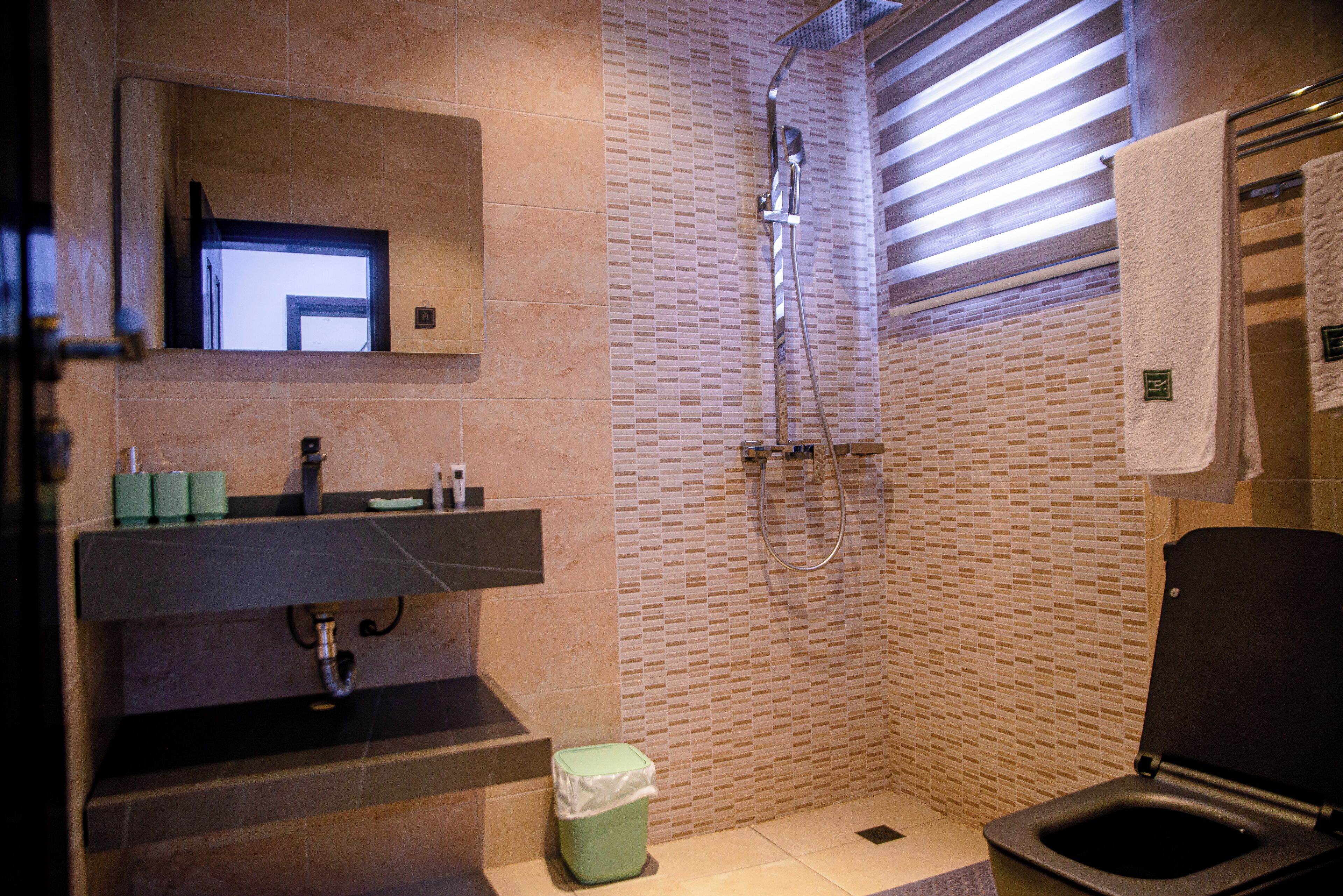 A modern bathroom with a shower, toilet, and sink.