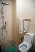 A bathroom with a shower, toilet, and two towels hanging on a rack.