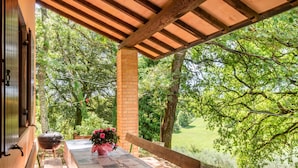 Terrassa exterior amb taula de fusta, una barbacoa i una panxa.