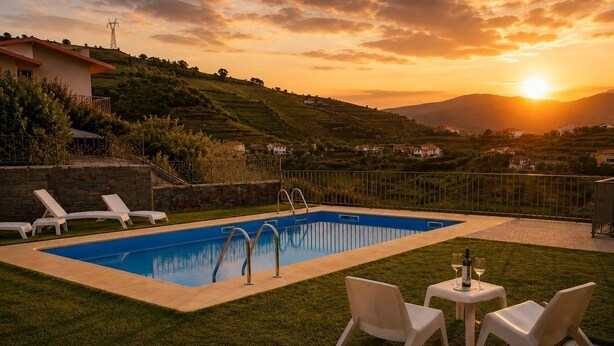 A swimming pool with lounge chairs and a table, surrounded by a stone wall and a grassy area. - Luxury Douro Villa with Pool & Panoramic Views (Ferreiros de Avões)