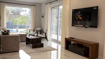 Smart TV, lareira, livros