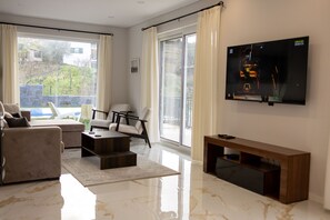 Smart TV, fireplace, books