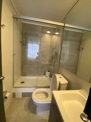 Douche, sèche-cheveux, serviettes fournies, savon