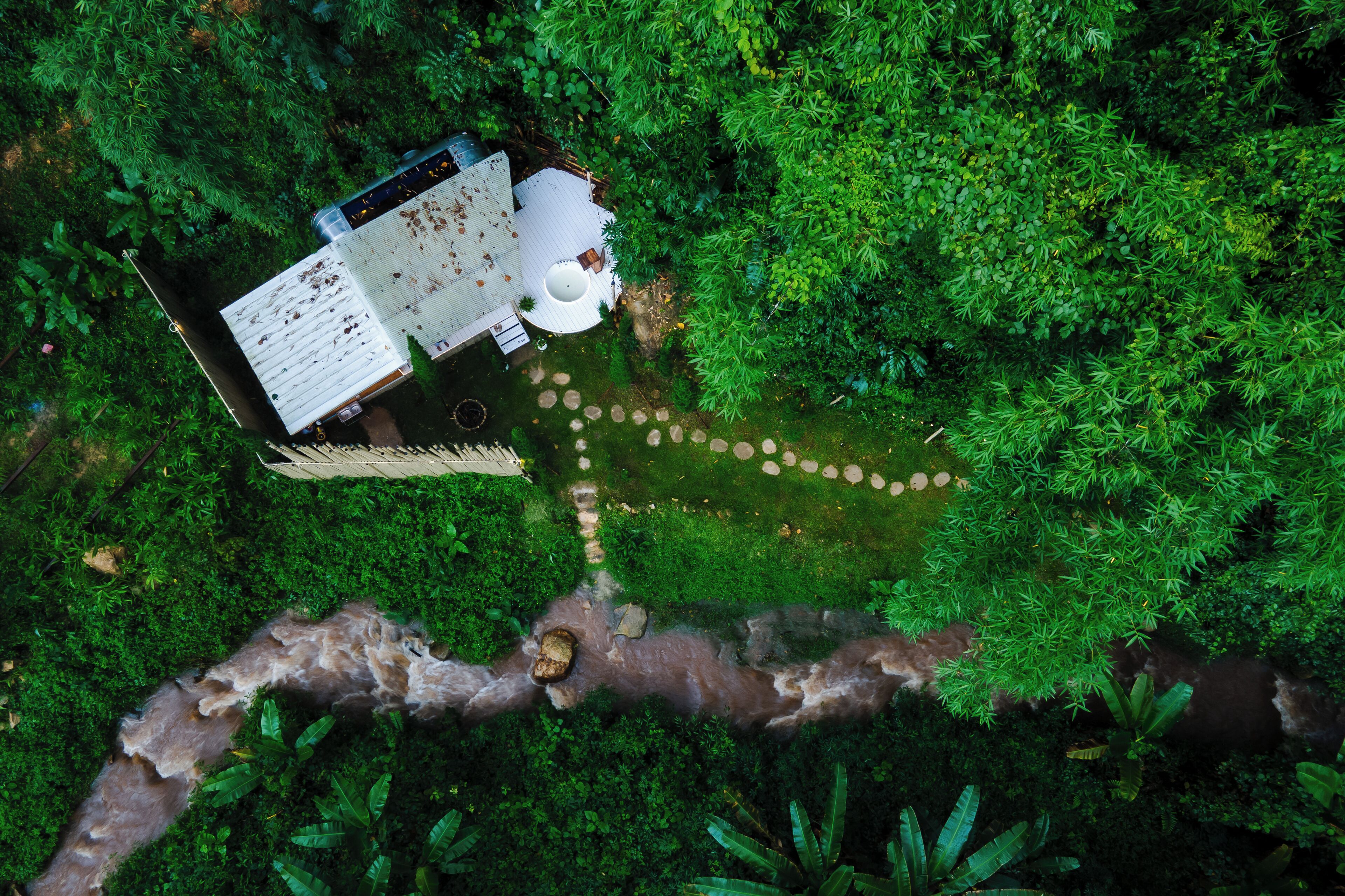An aerial view of a rustic cabin surrounded by dense greenery, with a clear path leading to the entrance.