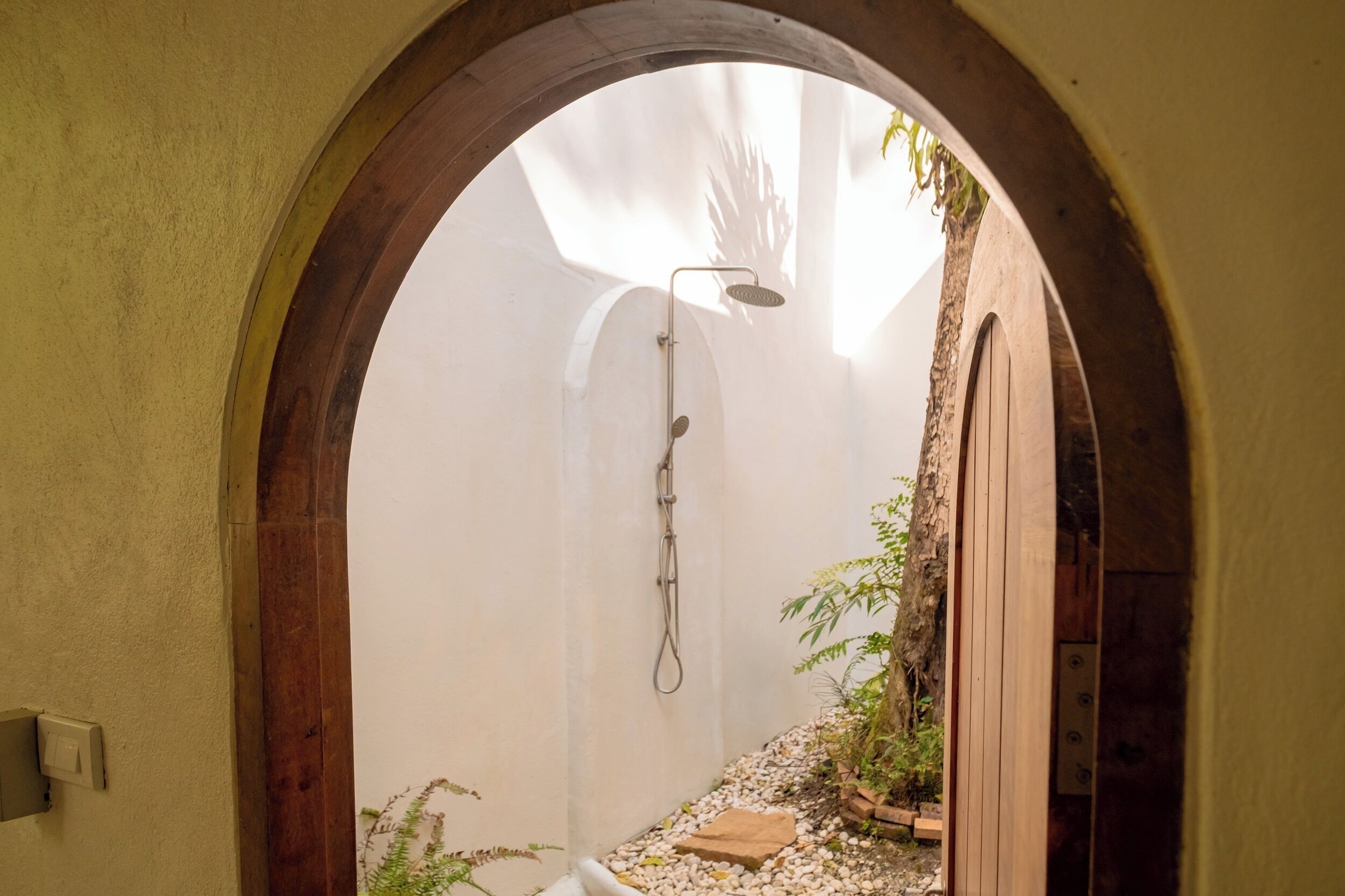 Un estrecho pasillo con ducha, una puerta de madera y un pequeño jardín.